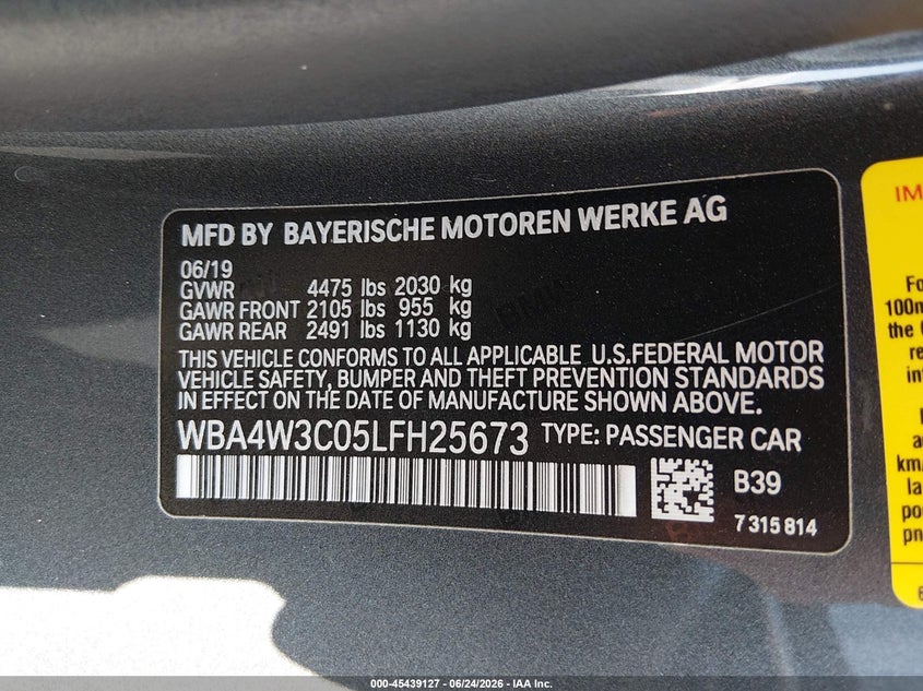 2020 BMW 4er VIN WBA4W3C05LFH25673 IAAI salvage auction — LEFT REAR, Salvage Title, sold $8,675 on 2026-08-17 (photo 9)