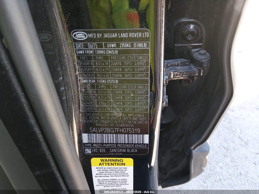 2015 Land rover Range rover evoque VIN SALVP2BG7FH075319 IAAI salvage auction — NORMAL WEAR, Original (Texas), sold $1,375 on 2026-07-29 (photo 9)