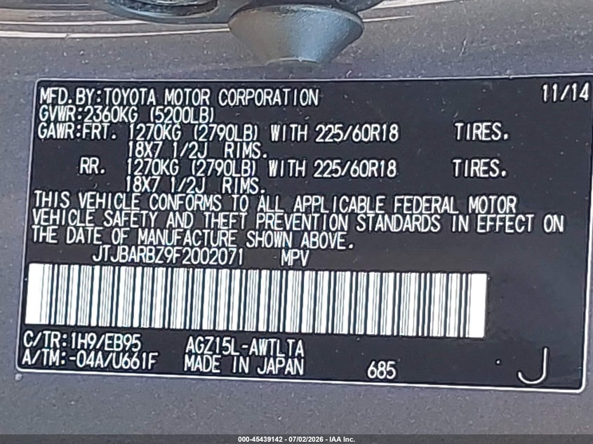 2015 Lexus Nx VIN JTJBARBZ9F2002071 IAAI salvage auction — NORMAL WEAR, Clear (Florida), sold $6,400 on 2026-07-21 (photo 9)