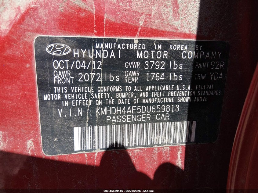 2013 Hyundai Elantra VIN KMHDH4AE5DU659813 IAAI salvage auction — FRONT END, Salvage Title, sold $350 on 2026-07-26 (photo 9)