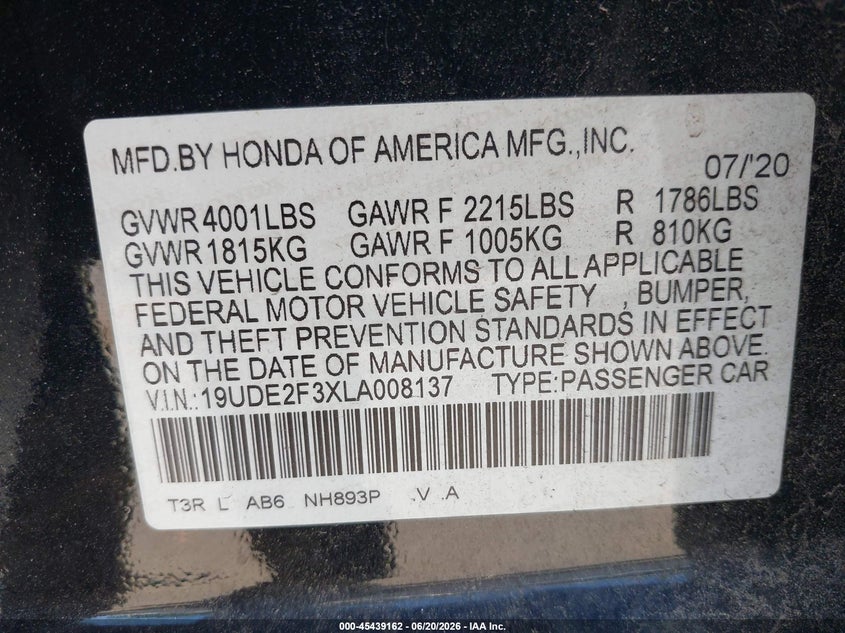2020 Acura Ilx VIN 19UDE2F3XLA008137 IAAI salvage auction — FRONT END, Mv-907A (New York), sold $3,750 on 2026-09-17 (photo 9)