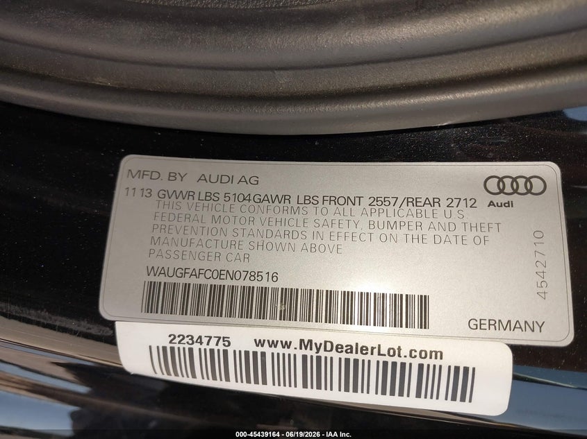 2014 Audi A6 VIN WAUGFAFC0EN078516 IAAI salvage auction — LEFT SIDE, Salvage Title, sold $1,650 on 2026-07-28 (photo 9)