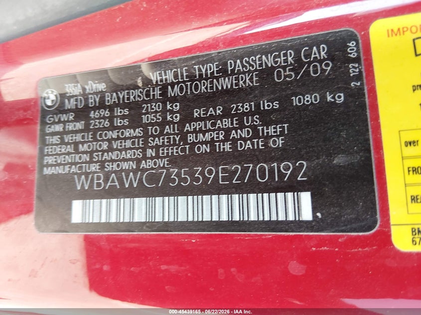 2009 BMW 3 series VIN WBAWC73539E270192 IAAI salvage auction — FRONT END, Salvage (Nevada), sold $600 on 2026-07-17 (photo 9)
