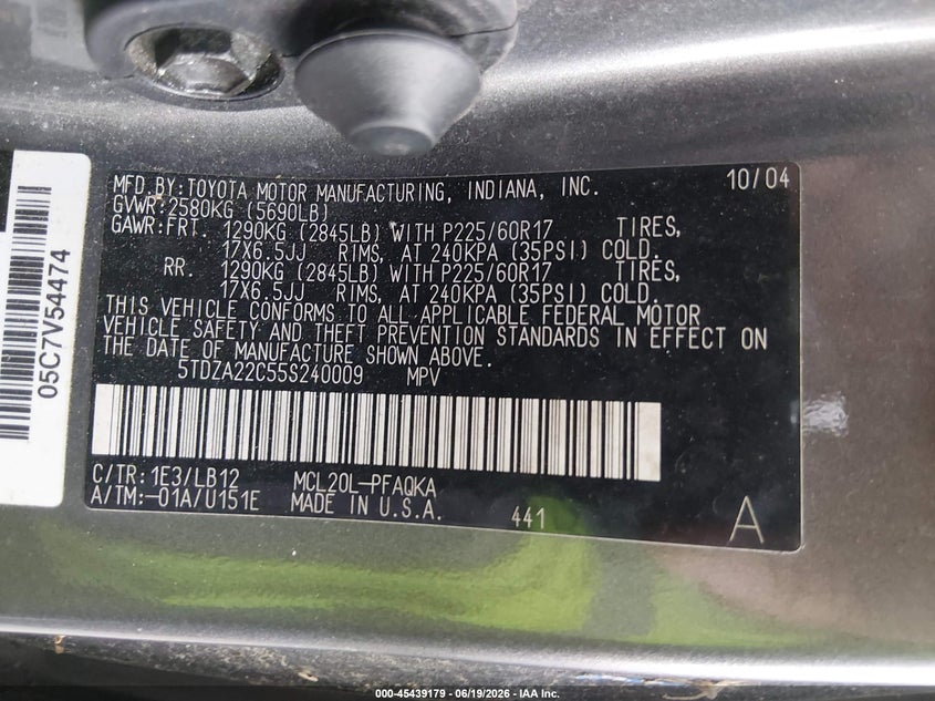 2005 Toyota Sienna VIN 5TDZA22C55S240009 IAAI salvage auction — NORMAL WEAR, Original (Texas), sold $850 on 2026-07-22 (photo 9)