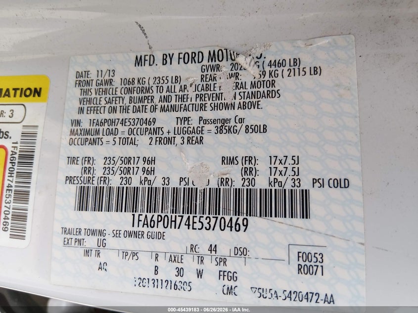 2014 Ford Fusion VIN 1FA6P0H74E5370469 IAAI salvage auction — LEFT FRONT, Salvage Title, sold $600 on 2026-07-24 (photo 9)