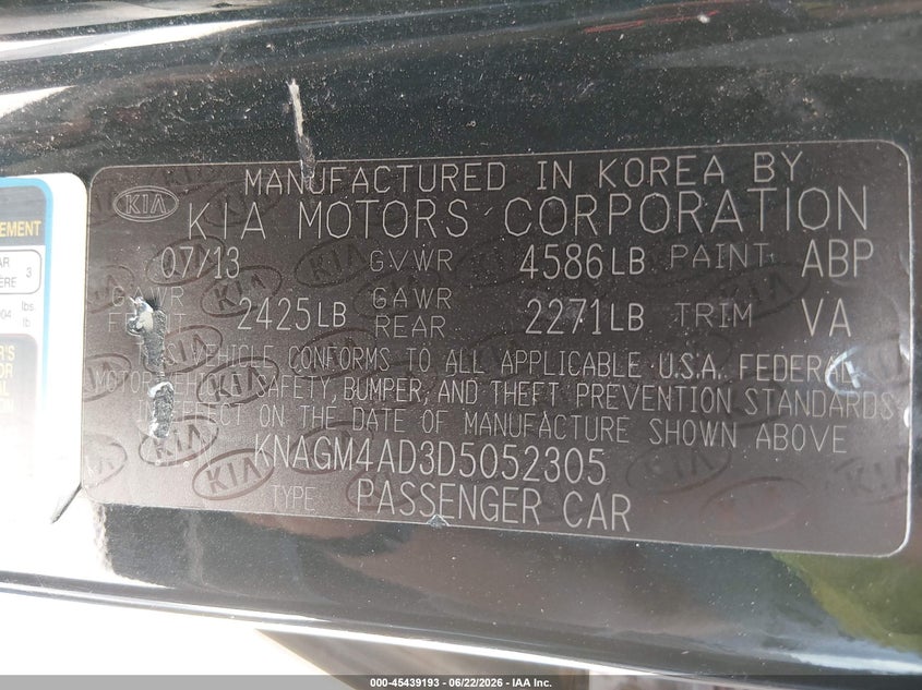 2013 Kia Optima VIN KNAGM4AD3D5052305 IAAI salvage auction — NORMAL WEAR, Original (Texas), sold $375 on 2026-07-27 (photo 9)