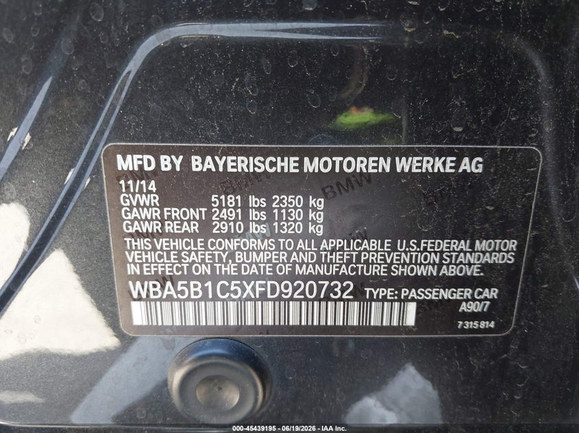 2015 BMW 5er VIN WBA5B1C5XFD920732 IAAI salvage auction — LEFT FRONT, Salvage (California), sold $1,800 on 2026-07-29 (photo 9)