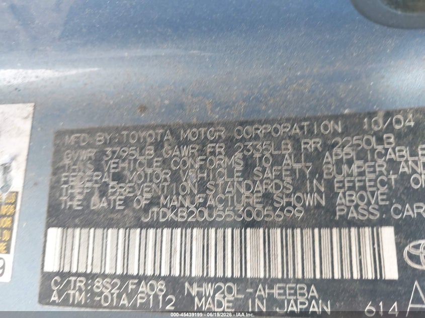 2005 Toyota Prius VIN JTDKB20U553005699 IAAI salvage auction — NORMAL WEAR, Salvage Title - Dealer (California), sold $350 on 2026-07-20 (photo 9)
