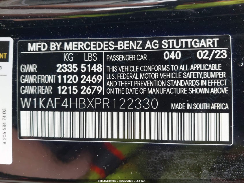2023 Mercedes-benz C-klasse VIN W1KAF4HBXPR122330 IAAI salvage auction — FRONT END, Bill Of Sale (Washington), sold $18,300 on 2026-07-22 (photo 9)