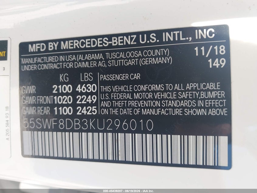 2019 Mercedes-benz C-klasse VIN 55SWF8DB3KU296010 IAAI salvage auction — FRONT END, Salvage Title, sold $9,000 on 2026-08-01 (photo 9)