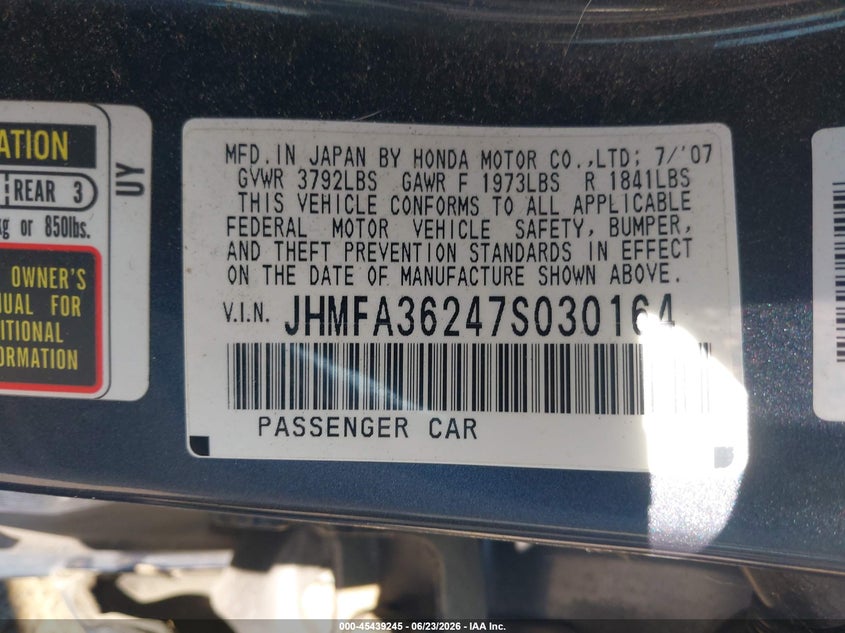 2007 Honda Civic hybrid VIN JHMFA36247S030164 IAAI salvage auction — REAR END, Salvage (California), sold $400 on 2026-07-15 (photo 9)