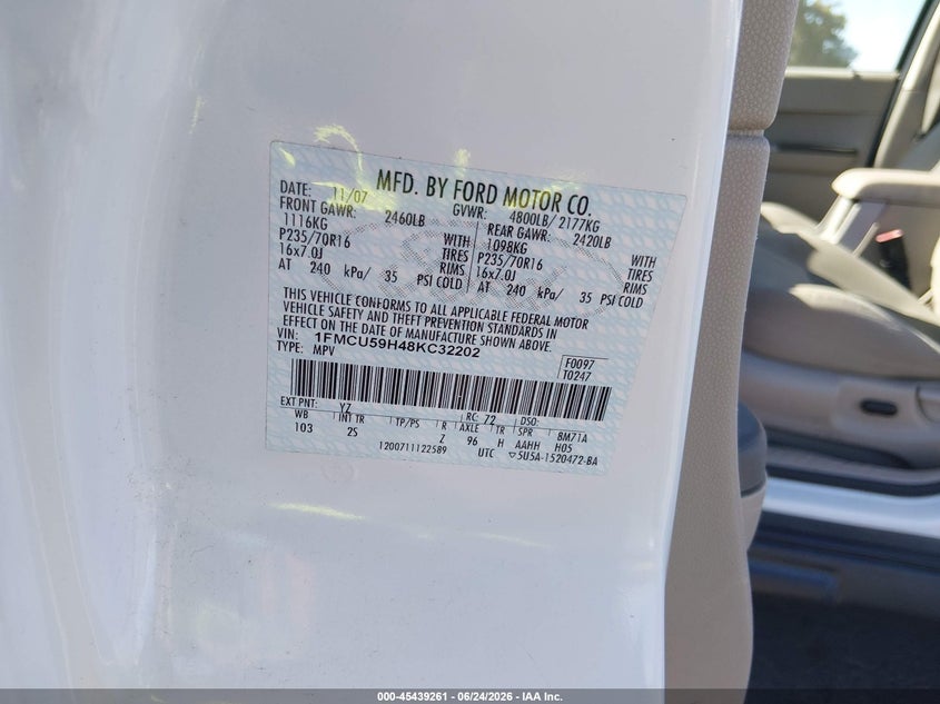 2008 Ford Escape hybrid VIN 1FMCU59H48KC32202 IAAI salvage auction — FRONT END, Salvage (California), sold $425 on 2026-07-08 (photo 9)