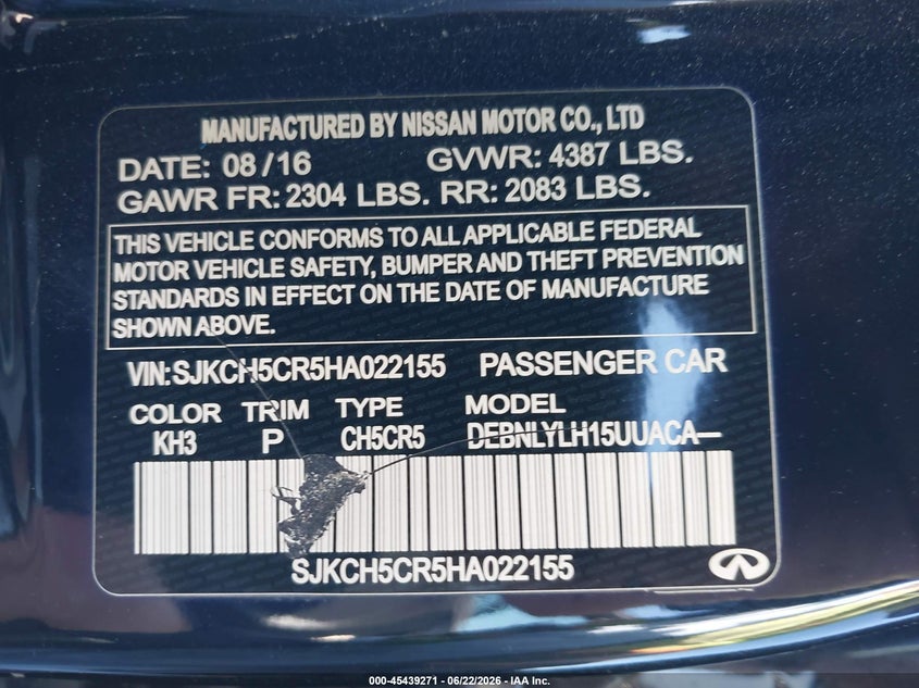 2017 Infiniti Qx30 VIN SJKCH5CR5HA022155 IAAI salvage auction — LEFT SIDE, Salvage (California), sold $800 on 2026-07-22 (photo 9)