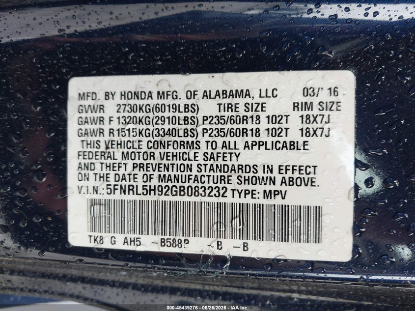 2016 Honda Odyssey VIN 5FNRL5H92GB083232 IAAI salvage auction — SIDE, Bill Of Sale (Washington), sold $4,050 on 2026-07-10 (photo 9)