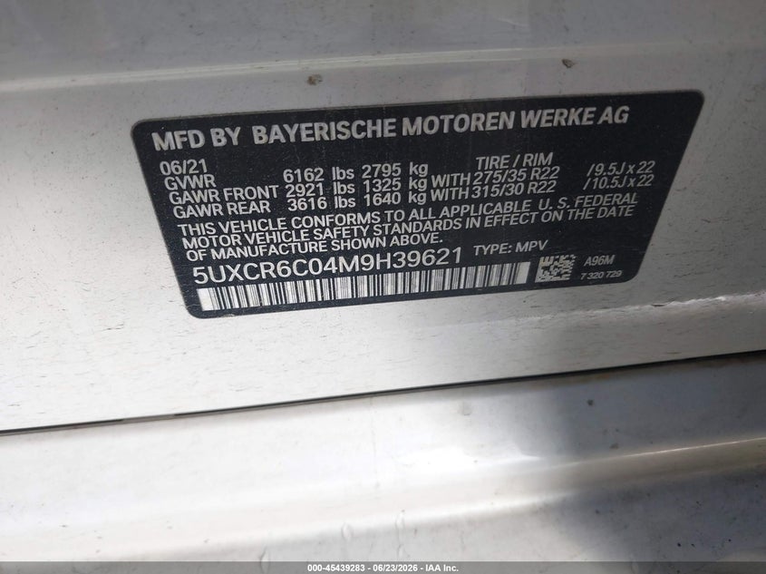 2021 BMW X5 VIN 5UXCR6C04M9H39621 IAAI salvage auction — ROLLOVER, Salvage (Idaho), sold $17,200 on 2026-07-10 (photo 9)