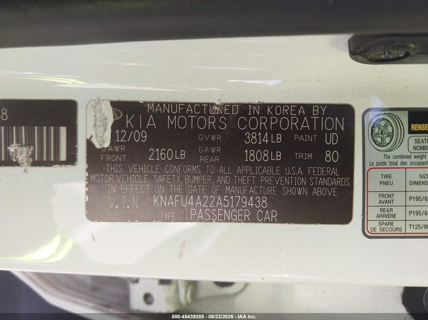2010 Kia Forte VIN KNAFU4A22A5179438 IAAI salvage auction — FRONT & REAR, Rebuildable (Florida), sold $375 on 2026-07-09 (photo 9)