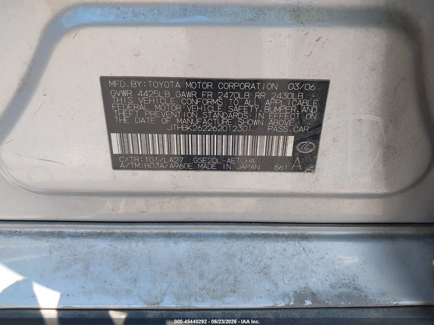 2006 Lexus Is 250 VIN JTHBK262262012301 IAAI salvage auction — FRONT & REAR, Salvage (Tennessee), sold $1,000 on 2026-07-14 (photo 9)