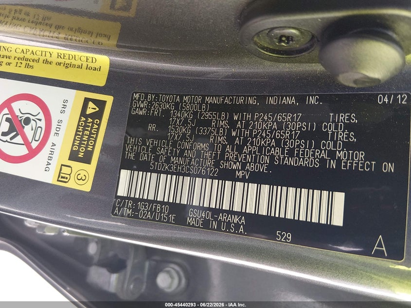 2012 Toyota Highlander VIN 5TDZK3EH3CS076122 IAAI salvage auction — RIGHT SIDE, Original (Texas), sold $3,850 on 2026-07-31 (photo 9)