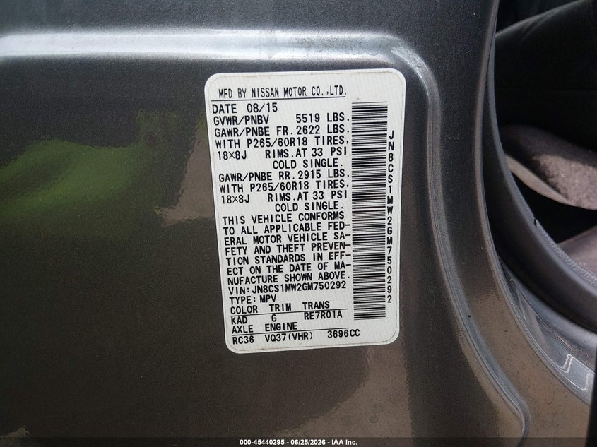 2016 Infiniti Qx70 VIN JN8CS1MW2GM750292 IAAI salvage auction — FRONT END, Salvage Title, sold $950 on 2026-07-29 (photo 9)