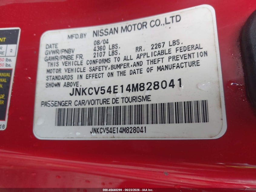 2004 Infiniti G35 VIN JNKCV54E14M828041 IAAI salvage auction — FRONT END, Mv-907A (New York), sold $375 on 2026-07-31 (photo 9)