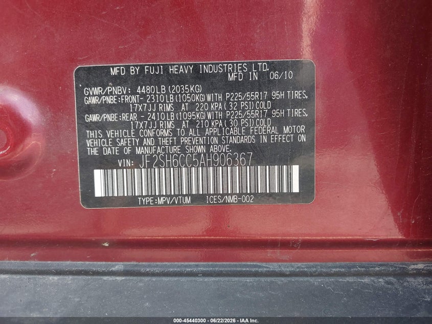 2010 Subaru Forester VIN JF2SH6CC5AH906367 IAAI salvage auction — FRONT END, Salvage (North Carolina), sold $475 on 2026-07-09 (photo 9)
