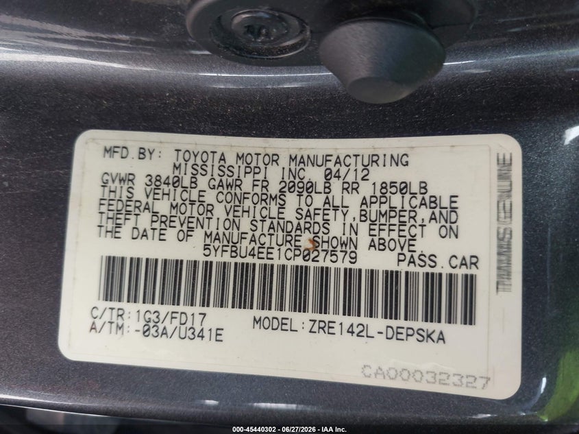 2012 Toyota Corolla VIN 5YFBU4EE1CP027579 IAAI salvage auction — NORMAL WEAR, Regular Certificate (Iowa), sold $1,050 on 2026-07-29 (photo 9)