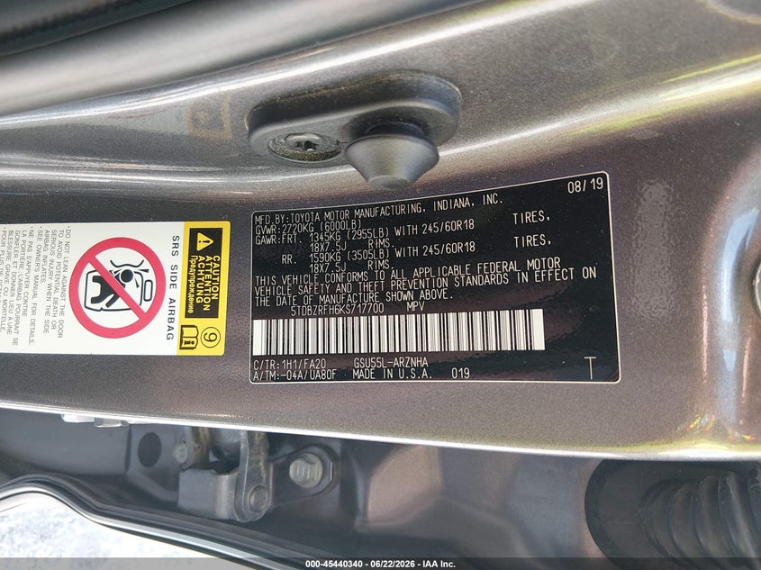 2019 Toyota Highlander VIN 5TDBZRFH6KS717700 IAAI salvage auction — FRONT END, Salvage (Iowa), sold $5,900 on 2026-07-21 (photo 9)