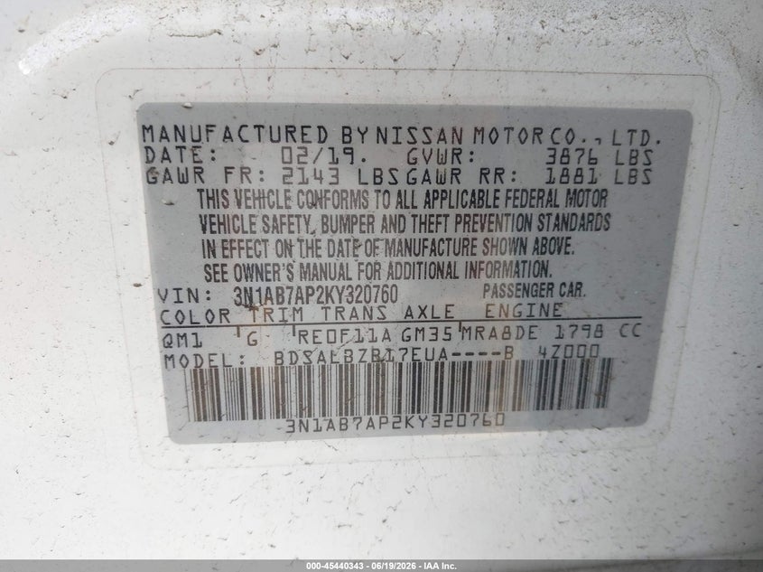 2019 Nissan Sentra VIN 3N1AB7AP2KY320760 IAAI salvage auction — NORMAL WEAR, Clear (New Jersey), sold $775 on 2026-07-17 (photo 9)