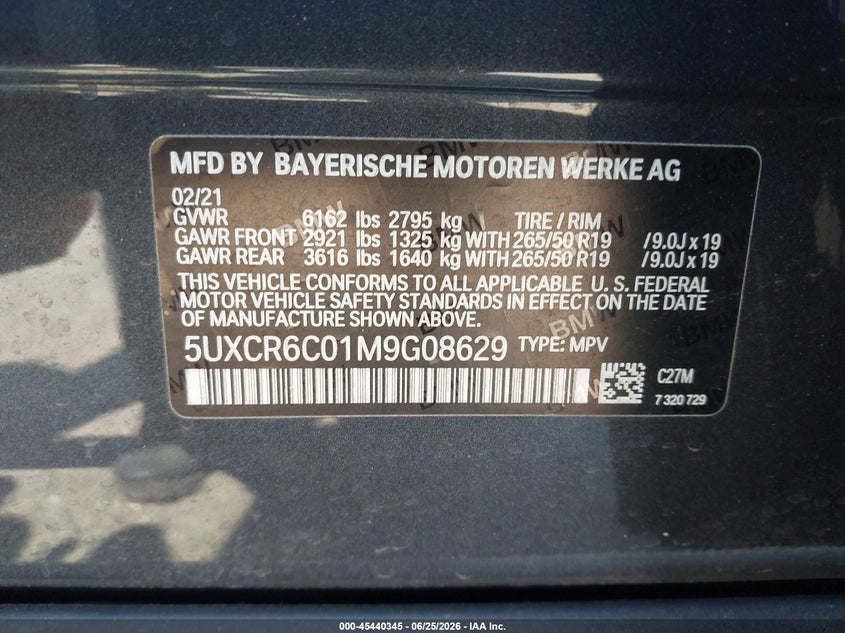 2021 BMW X5 VIN 5UXCR6C01M9G08629 IAAI salvage auction — RIGHT REAR, Salvage (Pennsylvania), sold $21,200 on 2026-07-10 (photo 9)