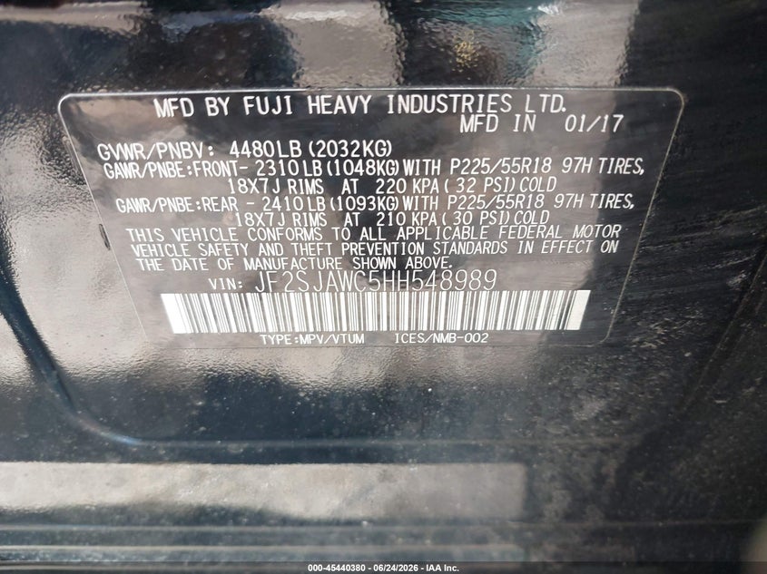 2017 Subaru Forester VIN JF2SJAWC5HH548989 IAAI salvage auction — LEFT FRONT, Salvage (Massachusetts), sold $2,400 on 2026-07-24 (photo 9)
