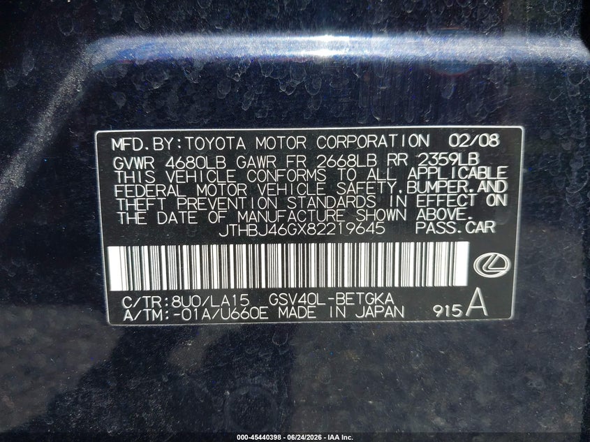 2008 Lexus ES VIN JTHBJ46GX82219645 IAAI salvage auction — FRONT END, Clear (Virginia), sold $475 on 2026-07-29 (photo 9)