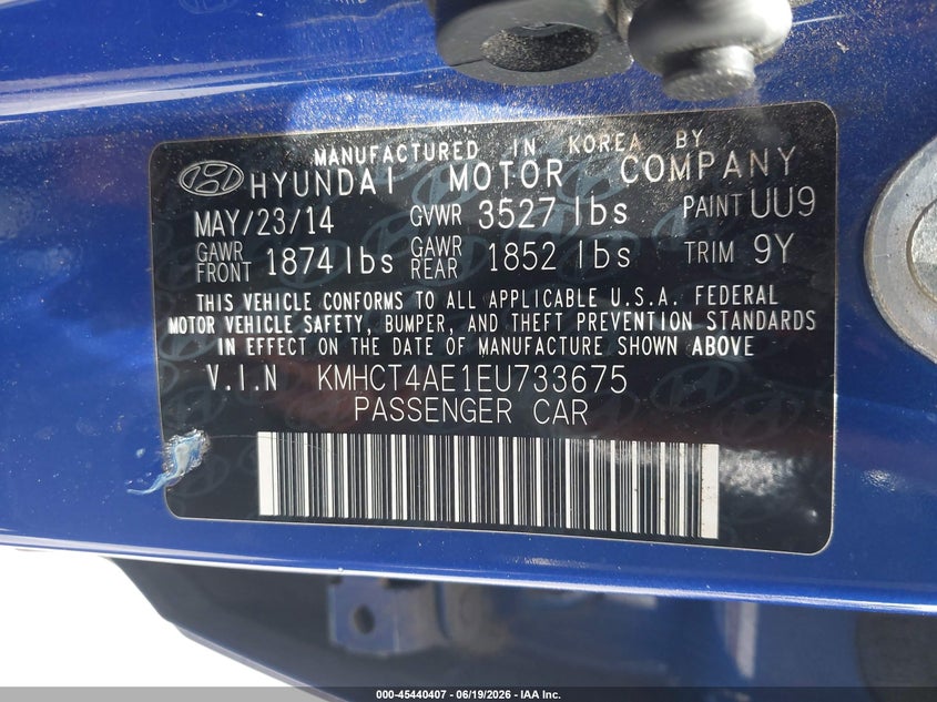 2014 Hyundai Accent VIN KMHCT4AE1EU733675 IAAI salvage auction — NORMAL WEAR, Clear (North Carolina), sold $425 on 2026-07-08 (photo 9)