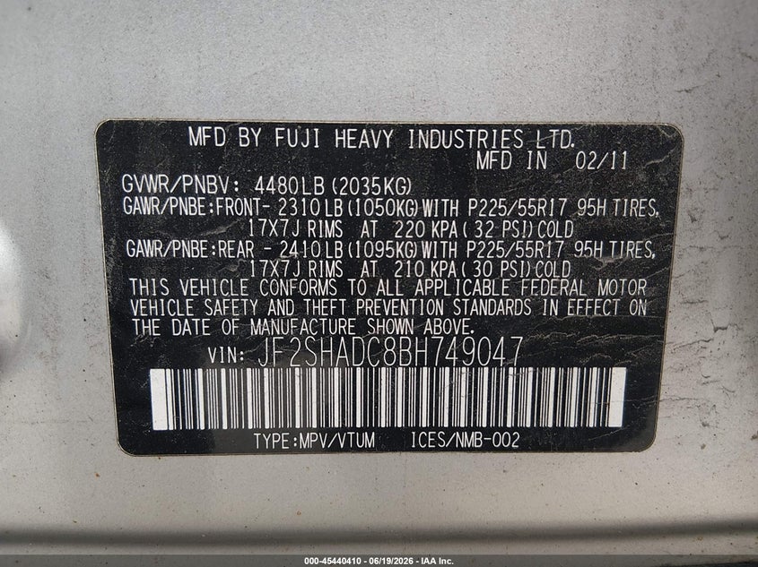 2011 Subaru Forester VIN JF2SHADC8BH749047 IAAI salvage auction — REAR END, Salvage (Maine), sold $525 on 2026-07-27 (photo 9)