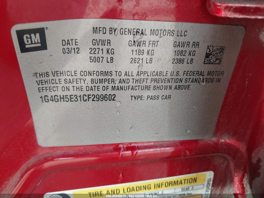 2012 Buick Lacrosse VIN 1G4GH5E31CF299602 IAAI salvage auction — FRONT END, Salvage (Louisiana), sold $825 on 2026-07-24 (photo 9)