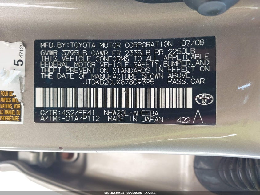 2008 Toyota Prius VIN JTDKB20UX87809395 IAAI salvage auction — RIGHT FRONT, Salvage (Illinois), sold $375 on 2026-07-22 (photo 9)
