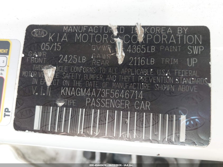 2015 Kia Optima VIN KNAGM4A73F5646714 IAAI salvage auction — FRONT END, Clear (Michigan), sold $550 on 2026-07-20 (photo 9)