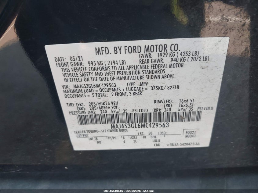 2021 Ford Ecosport VIN MAJ6S3GL6MC429563 IAAI salvage auction — FRONT END, Salvage (Idaho), sold $2,250 on 2026-07-10 (photo 9)