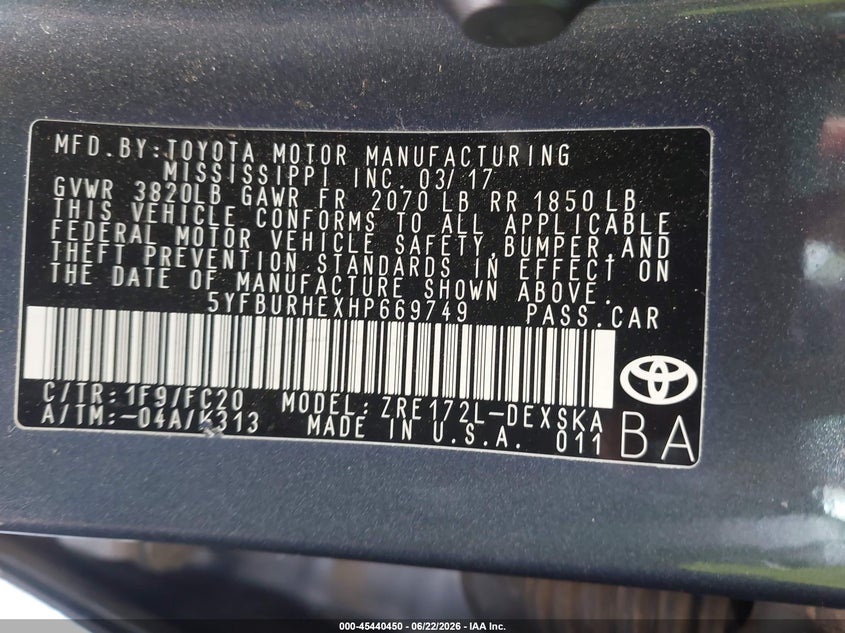 2017 Toyota Corolla VIN 5YFBURHEXHP669749 IAAI salvage auction — LEFT FRONT, Rebuildable (Florida), sold $3,100 on 2026-07-23 (photo 9)
