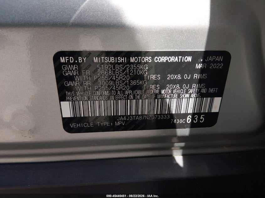 2022 Mitsubishi Outlander VIN JA4J3TA87NZ073333 IAAI salvage auction — FRONT END, Salvage Title, sold $6,500 on 2026-07-28 (photo 9)