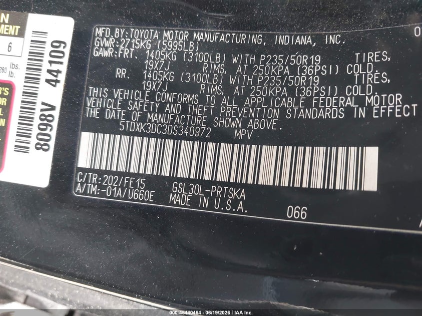 2013 Toyota Sienna VIN 5TDXK3DC3DS340972 IAAI salvage auction — NORMAL WEAR, Clear (New York), sold $1,425 on 2026-07-28 (photo 9)