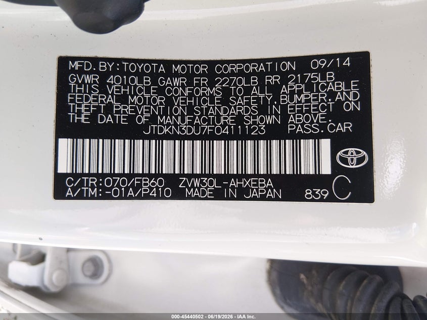2015 Toyota Prius VIN JTDKN3DU7F0411123 IAAI salvage auction — FRONT END, Salvage (Louisiana), sold $1,700 on 2026-07-28 (photo 9)