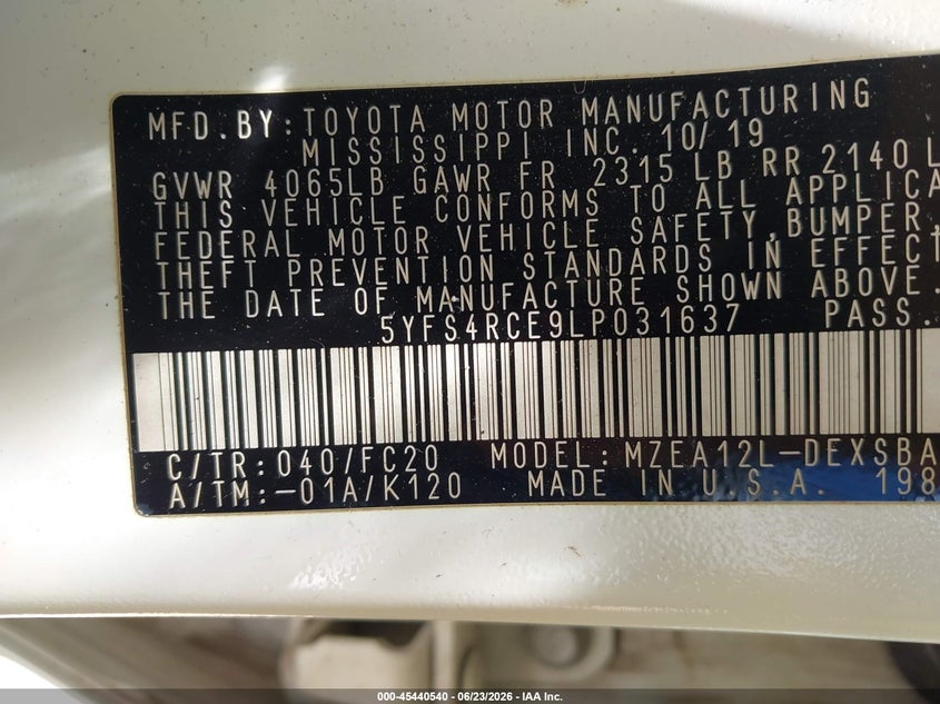 2020 Toyota Corolla VIN 5YFS4RCE9LP031637 IAAI salvage auction — FRONT END, Salvage (North Carolina), sold $4,050 on 2026-07-20 (photo 9)