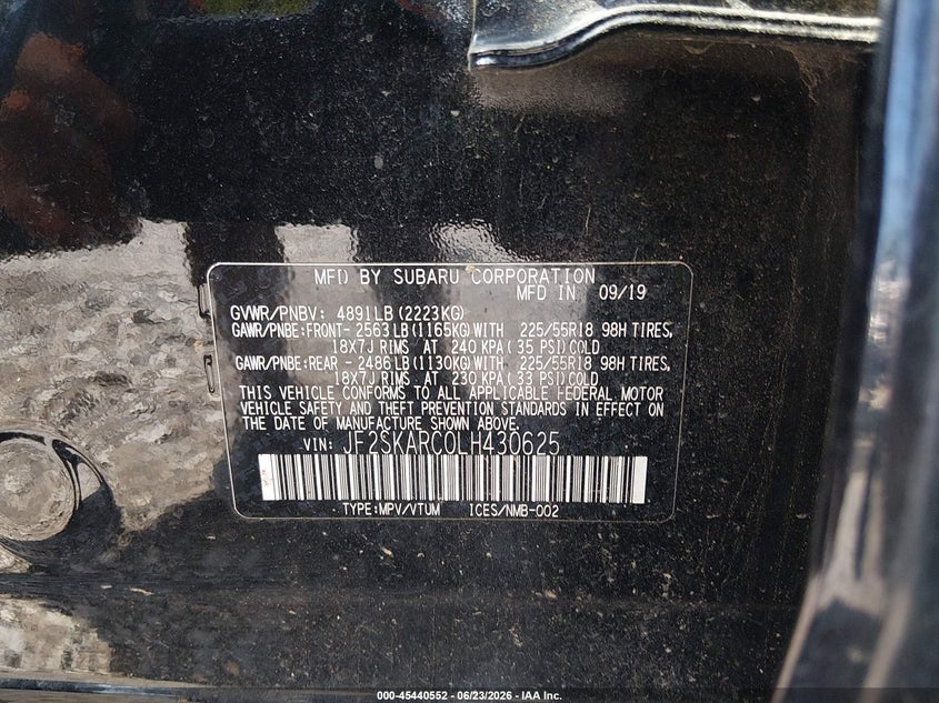 2020 Subaru Forester VIN JF2SKARC0LH430625 IAAI salvage auction — FRONT END, Salvage Title, sold $3,950 on 2026-07-31 (photo 9)