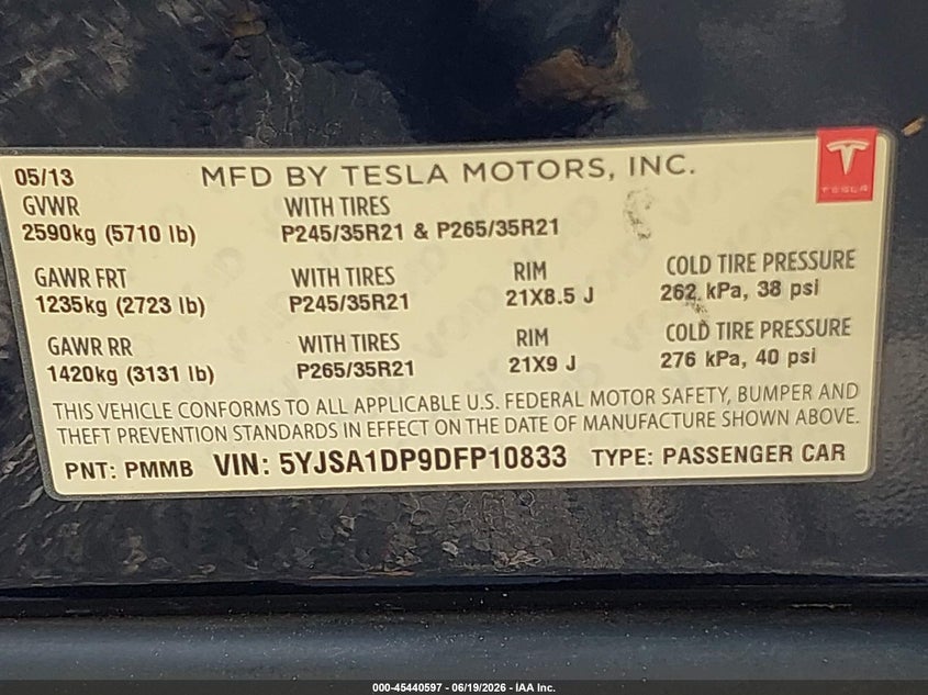 2013 Tesla Model s VIN 5YJSA1DP9DFP10833 IAAI salvage auction — NORMAL WEAR, Salvage (Florida), sold $4,900 on 2026-07-09 (photo 9)