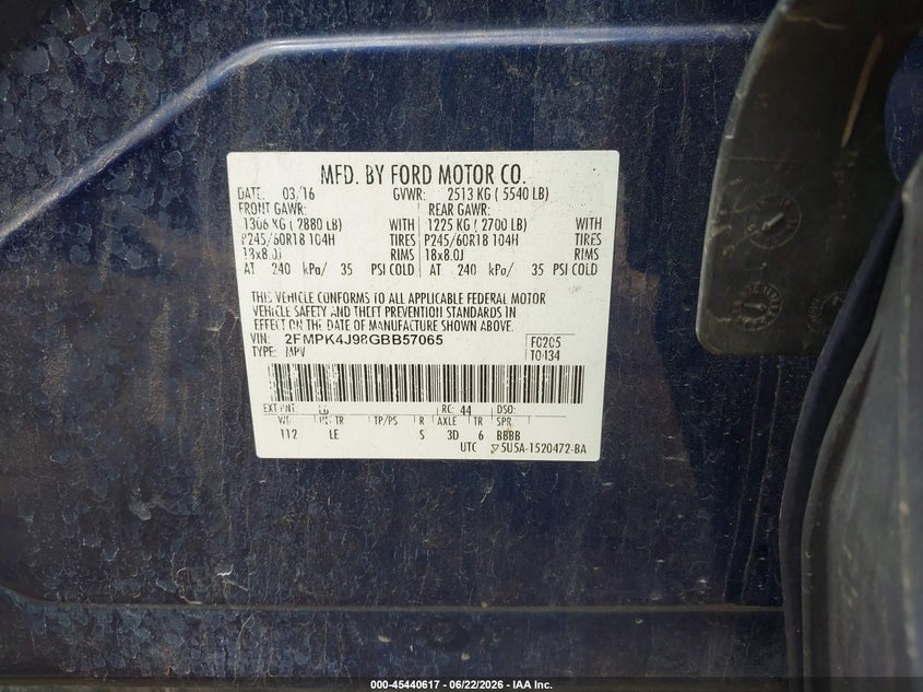 2016 Ford Edge VIN 2FMPK4J98GBB57065 IAAI salvage auction — FRONT END, Clear (Indiana), sold $1,750 on 2026-07-29 (photo 9)