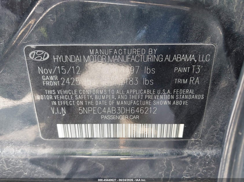 2013 Hyundai Sonata VIN 5NPEC4AB3DH646212 IAAI salvage auction — NORMAL WEAR, Certificate Of Title (Nebraska), sold $350 on 2026-07-16 (photo 9)