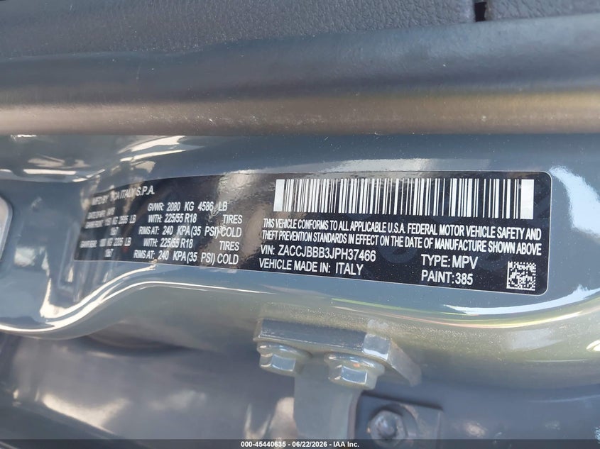 2018 Jeep Renegade VIN ZACCJBBB3JPH37466 IAAI salvage auction — RIGHT FRONT, Salvage (North Carolina), sold $775 on 2026-07-30 (photo 9)