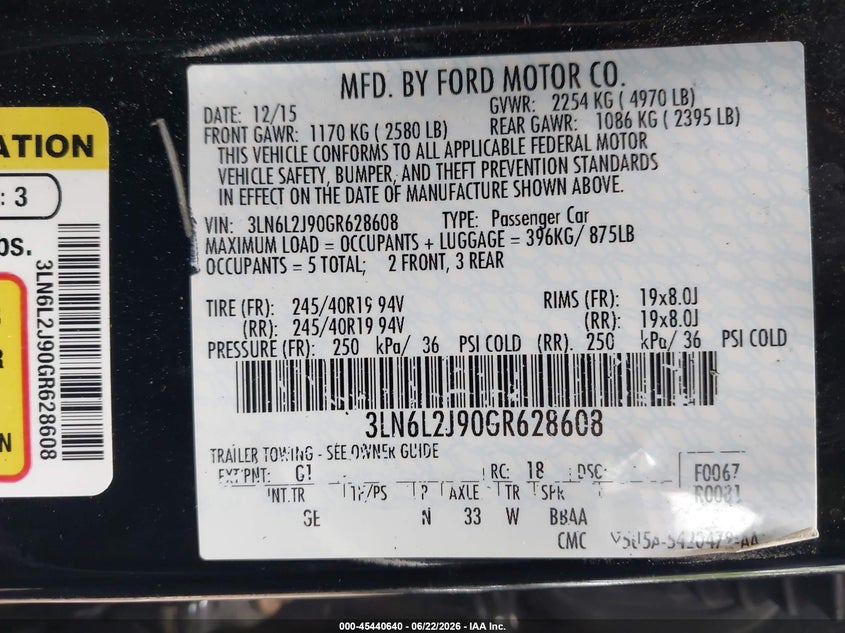 2016 Lincoln Mkz VIN 3LN6L2J90GR628608 IAAI salvage auction — FRONT END, Salvage (Ohio), sold $950 on 2026-07-12 (photo 9)