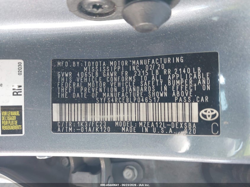 2020 Toyota Corolla VIN 5YFS4RCE8LP046517 IAAI salvage auction — BIOHAZARD/CHEMICAL, Rebuildable (Florida), sold $1,650 on 2026-07-10 (photo 9)