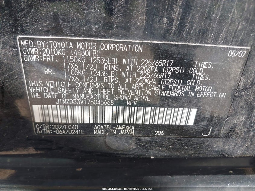 2007 Toyota Rav 4 VIN JTMZD33V176045668 IAAI salvage auction — NORMAL WEAR, Clear (Wisconsin), sold $525 on 2026-07-29 (photo 9)
